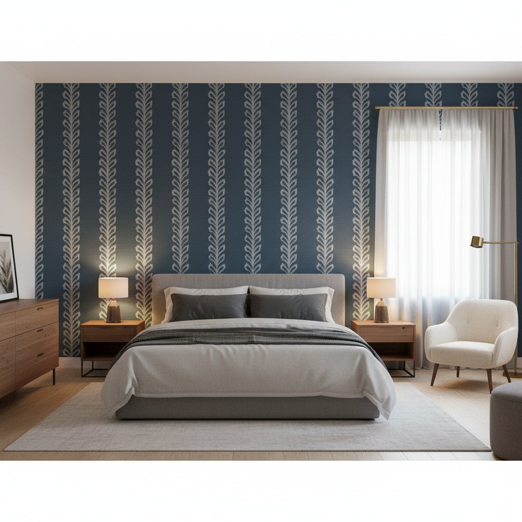 Evia Navy | Thibaut Wallcoverings - Bedroom Visualization (AI-generated, may not be to scale. Verify pattern scale with product specifications.)