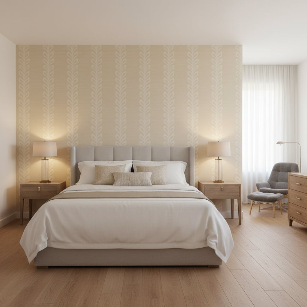 Evia Light Taupe and White | Thibaut Wallcoverings - Bedroom Visualization (AI-generated, may not be to scale. Verify pattern scale with product specifications.)