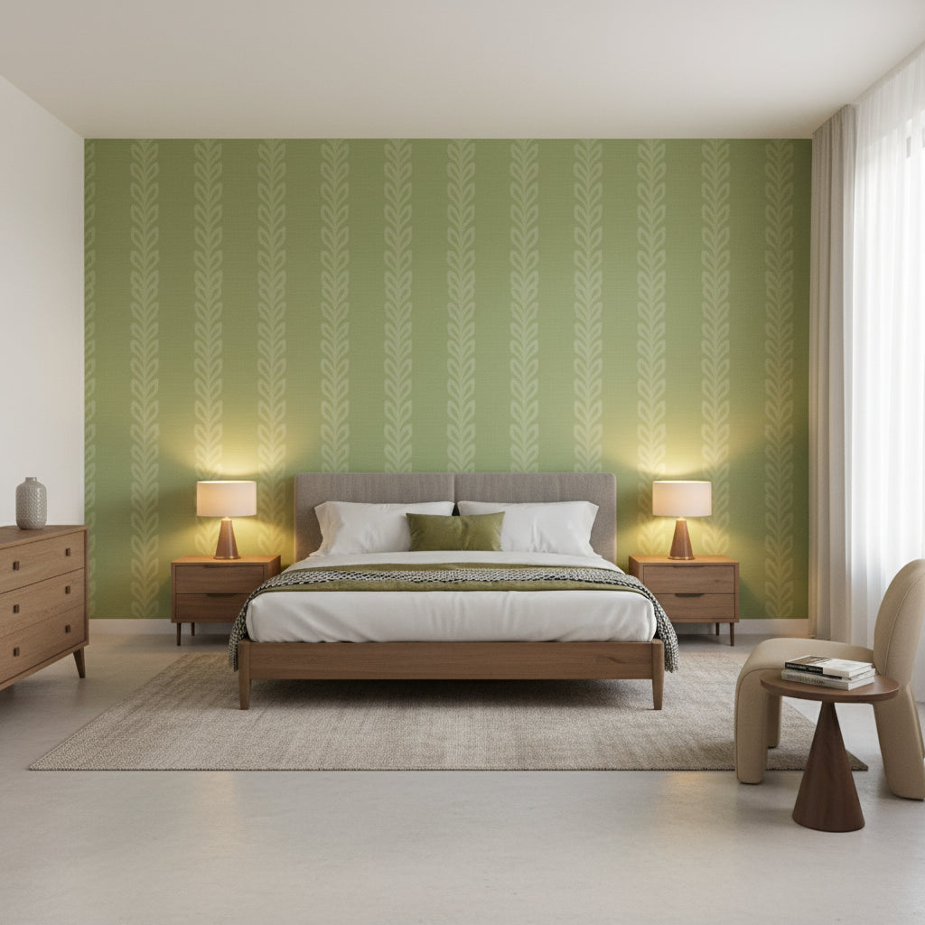 Evia Spring and White | Thibaut Wallcoverings - Bedroom Visualization (AI-generated, may not be to scale. Verify pattern scale with product specifications.)