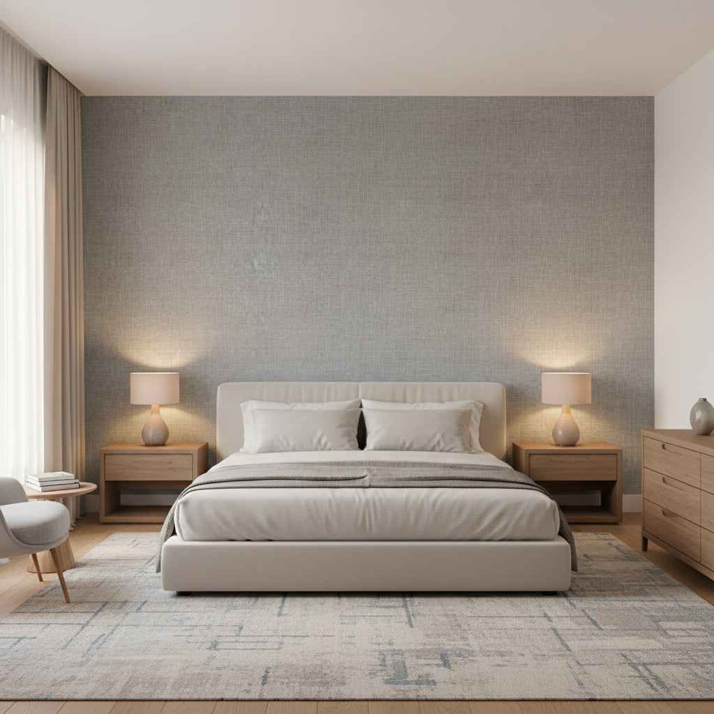 Fine Harvest Charcoal | Thibaut Wallcoverings - Bedroom Visualization (AI-generated, may not be to scale. Verify pattern scale with product specifications.)