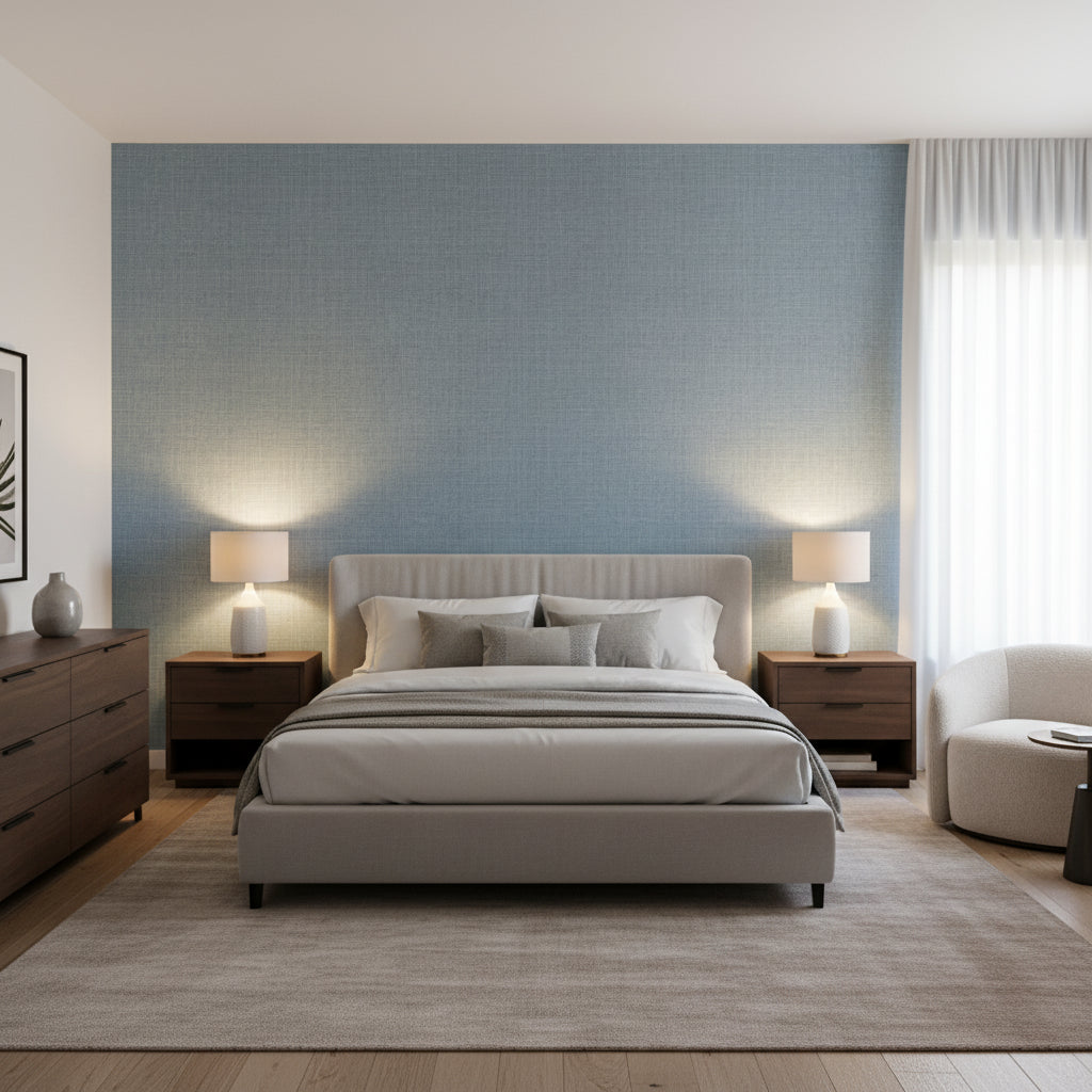 Fine Harvest Navy | Thibaut Wallcoverings - Bedroom Visualization (AI-generated, may not be to scale. Verify pattern scale with product specifications.)