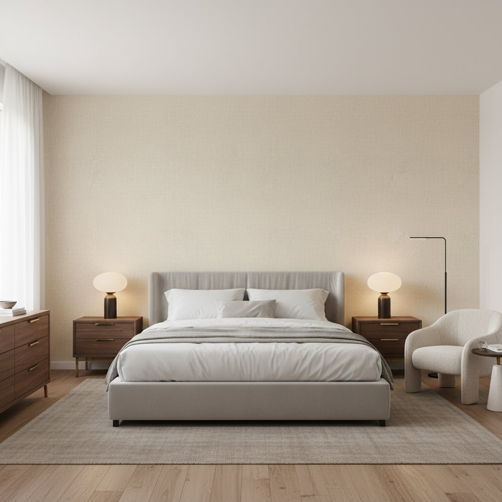 Fine Harvest Camel | Thibaut Wallcoverings - Bedroom Visualization (AI-generated, may not be to scale. Verify pattern scale with product specifications.)