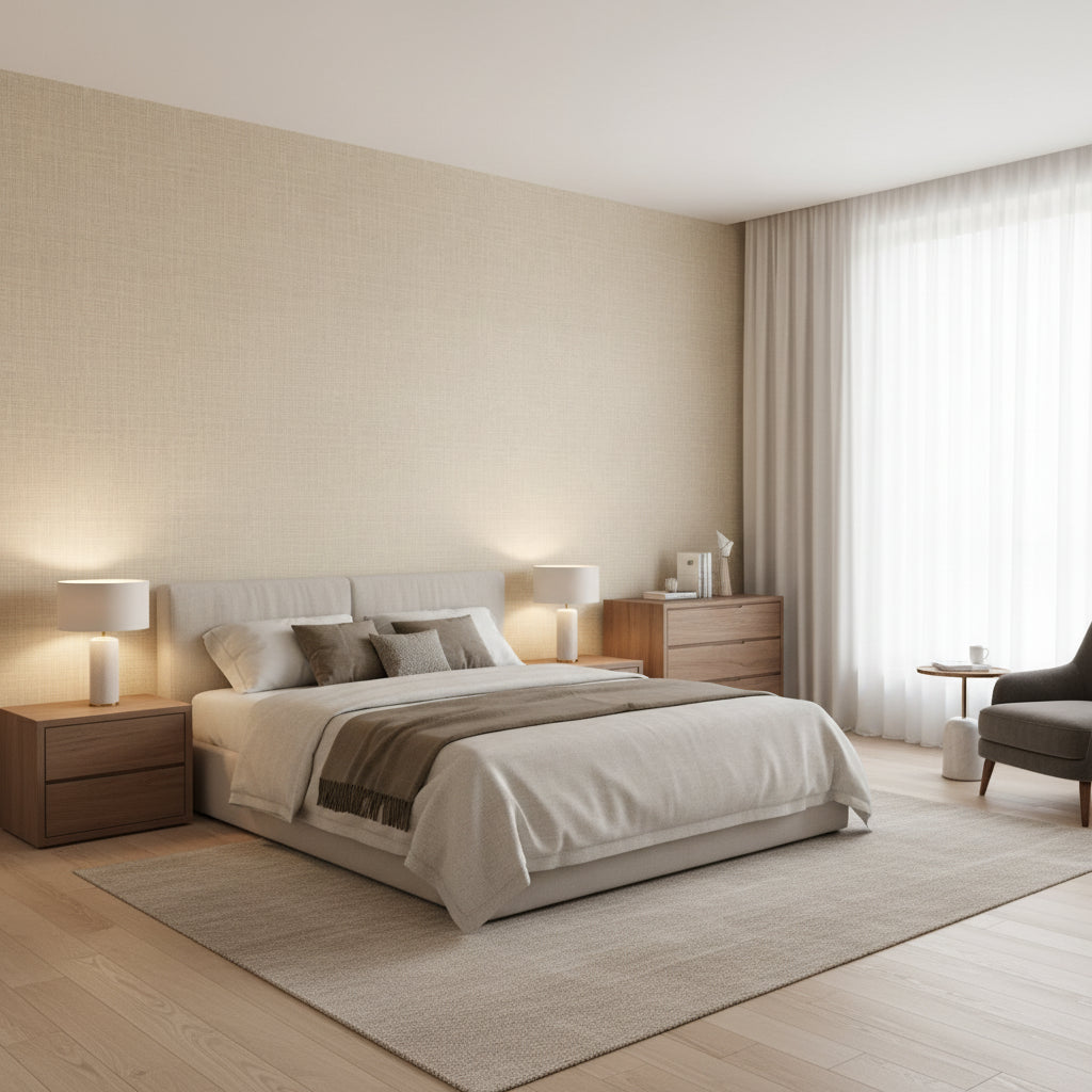 Fine Harvest Caramel | Thibaut Wallcoverings - Bedroom Visualization (AI-generated, may not be to scale. Verify pattern scale with product specifications.)