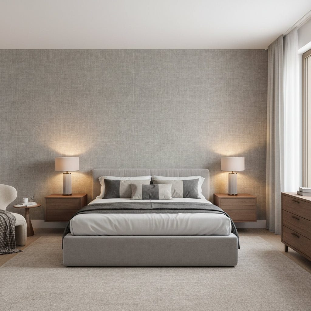 Fine Harvest Black | Thibaut Wallcoverings - Bedroom Visualization (AI-generated, may not be to scale. Verify pattern scale with product specifications.)
