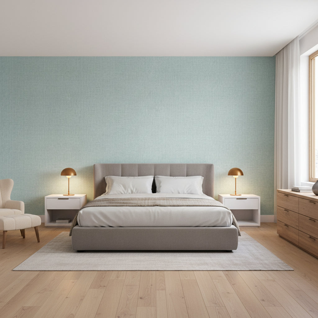 Fine Harvest Teal | Thibaut Wallcoverings - Bedroom Visualization (AI-generated, may not be to scale. Verify pattern scale with product specifications.)