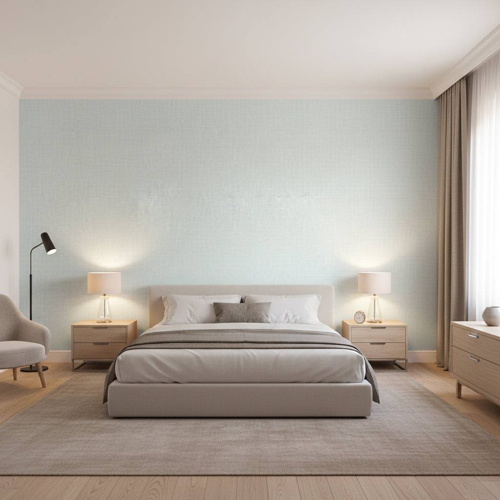 Fine Harvest Spa Blue | Thibaut Wallcoverings - Bedroom Visualization (AI-generated, may not be to scale. Verify pattern scale with product specifications.)