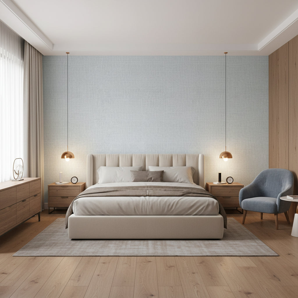 Fine Harvest Grey | Thibaut Wallcoverings - Bedroom Visualization (AI-generated, may not be to scale. Verify pattern scale with product specifications.)