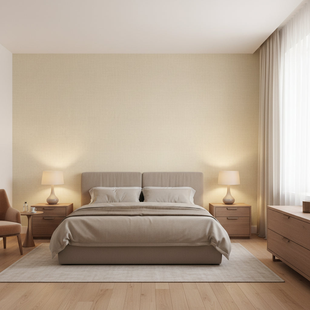 Fine Harvest Beige | Thibaut Wallcoverings - Bedroom Visualization (AI-generated, may not be to scale. Verify pattern scale with product specifications.)
