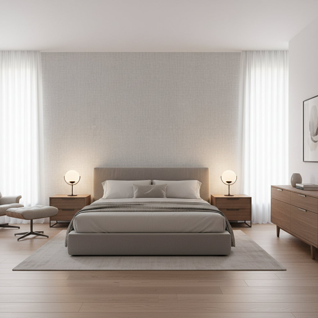 Fine Harvest Sterling | Thibaut Wallcoverings - Bedroom Visualization (AI-generated, may not be to scale. Verify pattern scale with product specifications.)