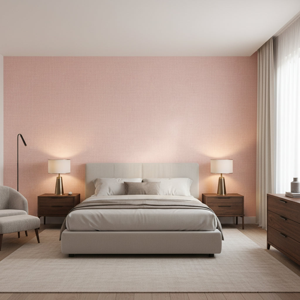 Fine Harvest Pink | Thibaut Wallcoverings - Bedroom Visualization (AI-generated, may not be to scale. Verify pattern scale with product specifications.)