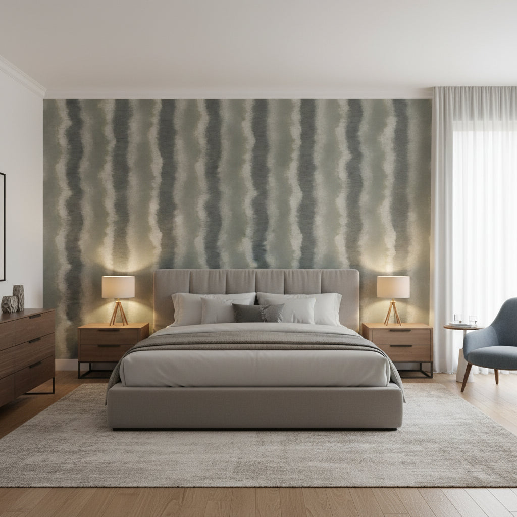 Geode Charcoal | Thibaut Wallcoverings - Bedroom Visualization (AI-generated, may not be to scale. Verify pattern scale with product specifications.)