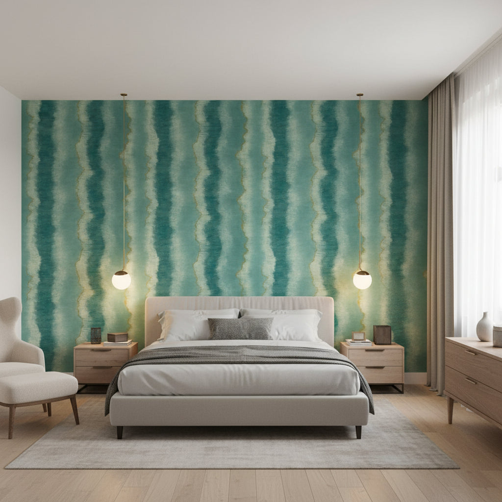 Geode Teal | Thibaut Wallcoverings - Bedroom Visualization (AI-generated, may not be to scale. Verify pattern scale with product specifications.)