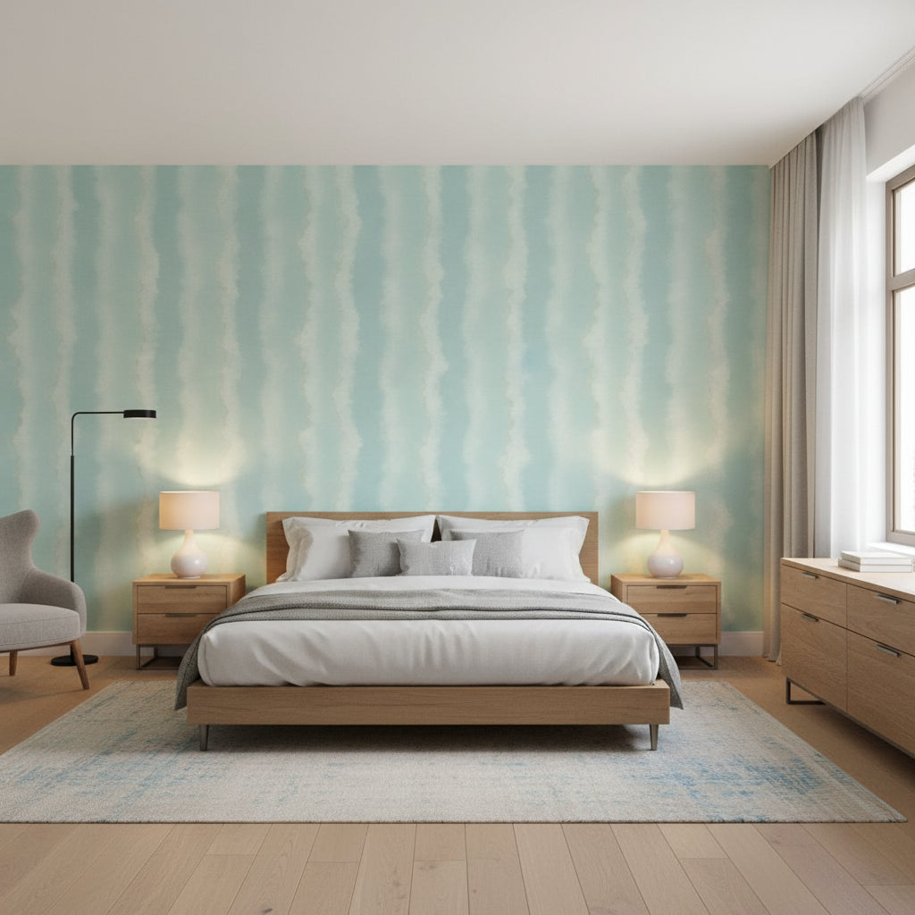 Geode Spa Blue | Thibaut Wallcoverings - Bedroom Visualization (AI-generated, may not be to scale. Verify pattern scale with product specifications.)