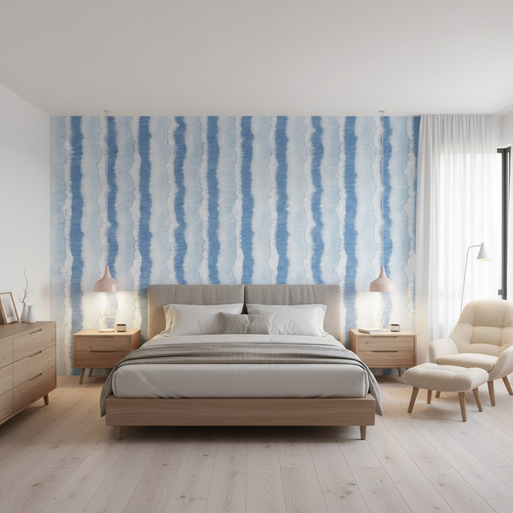Geode Sky Blue | Thibaut Wallcoverings - Bedroom Visualization (AI-generated, may not be to scale. Verify pattern scale with product specifications.)