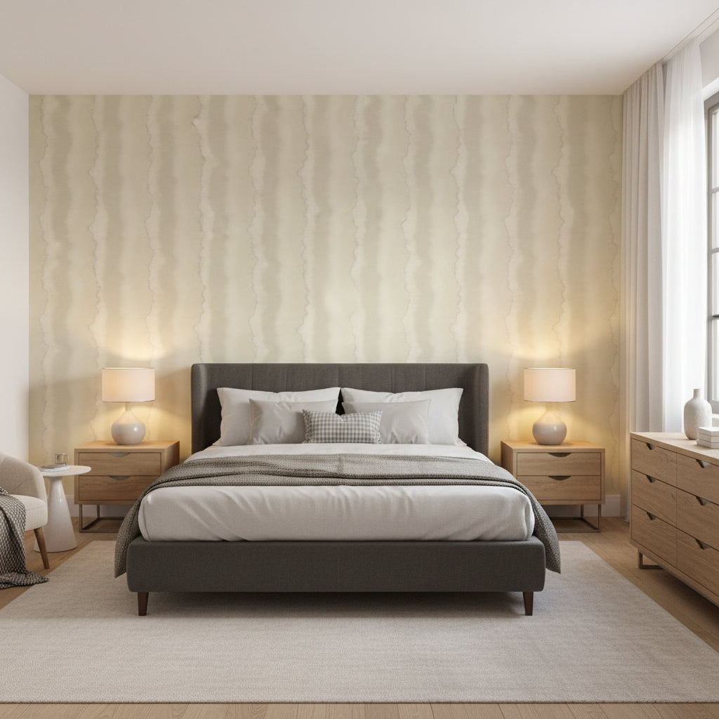 Geode Beige | Thibaut Wallcoverings - Bedroom Visualization (AI-generated, may not be to scale. Verify pattern scale with product specifications.)