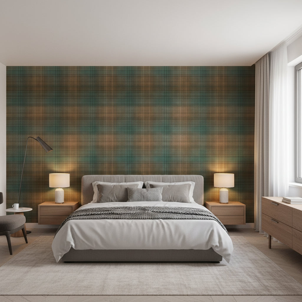 Inverness Teal and Clay | Thibaut Wallcoverings - Bedroom Visualization (AI-generated, may not be to scale. Verify pattern scale with product specifications.)