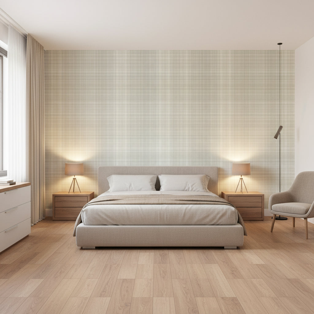 Inverness Fog | Thibaut Wallcoverings - Bedroom Visualization (AI-generated, may not be to scale. Verify pattern scale with product specifications.)