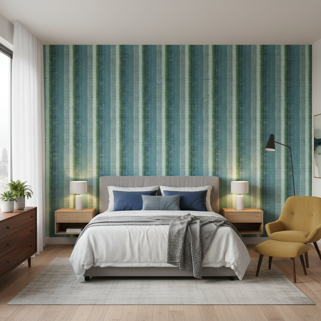 Painted Desert Green and Blue | Thibaut Wallcoverings - Bedroom Visualization (AI-generated, may not be to scale. Verify pattern scale with product specifications.)