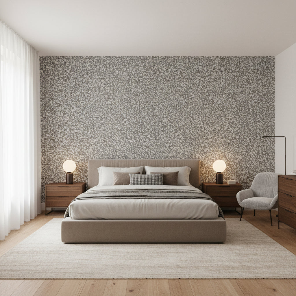 Aedan Dove | Thibaut Wallcoverings - Bedroom Visualization (AI-generated, may not be to scale. Verify pattern scale with product specifications.)