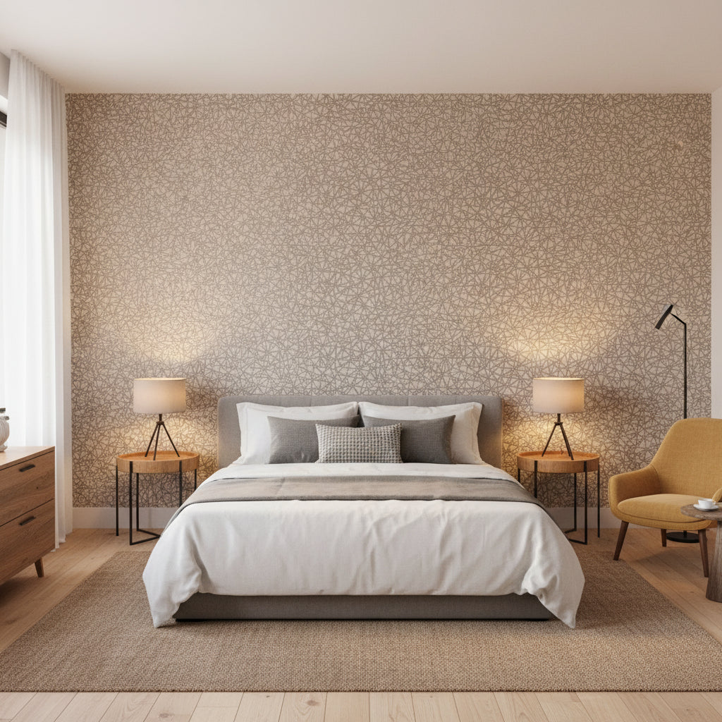 Aedan Blush | Thibaut Wallcoverings - Bedroom Visualization (AI-generated, may not be to scale. Verify pattern scale with product specifications.)