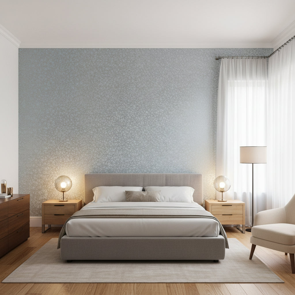 Aedan Spa Blue | Thibaut Wallcoverings - Bedroom Visualization (AI-generated, may not be to scale. Verify pattern scale with product specifications.)