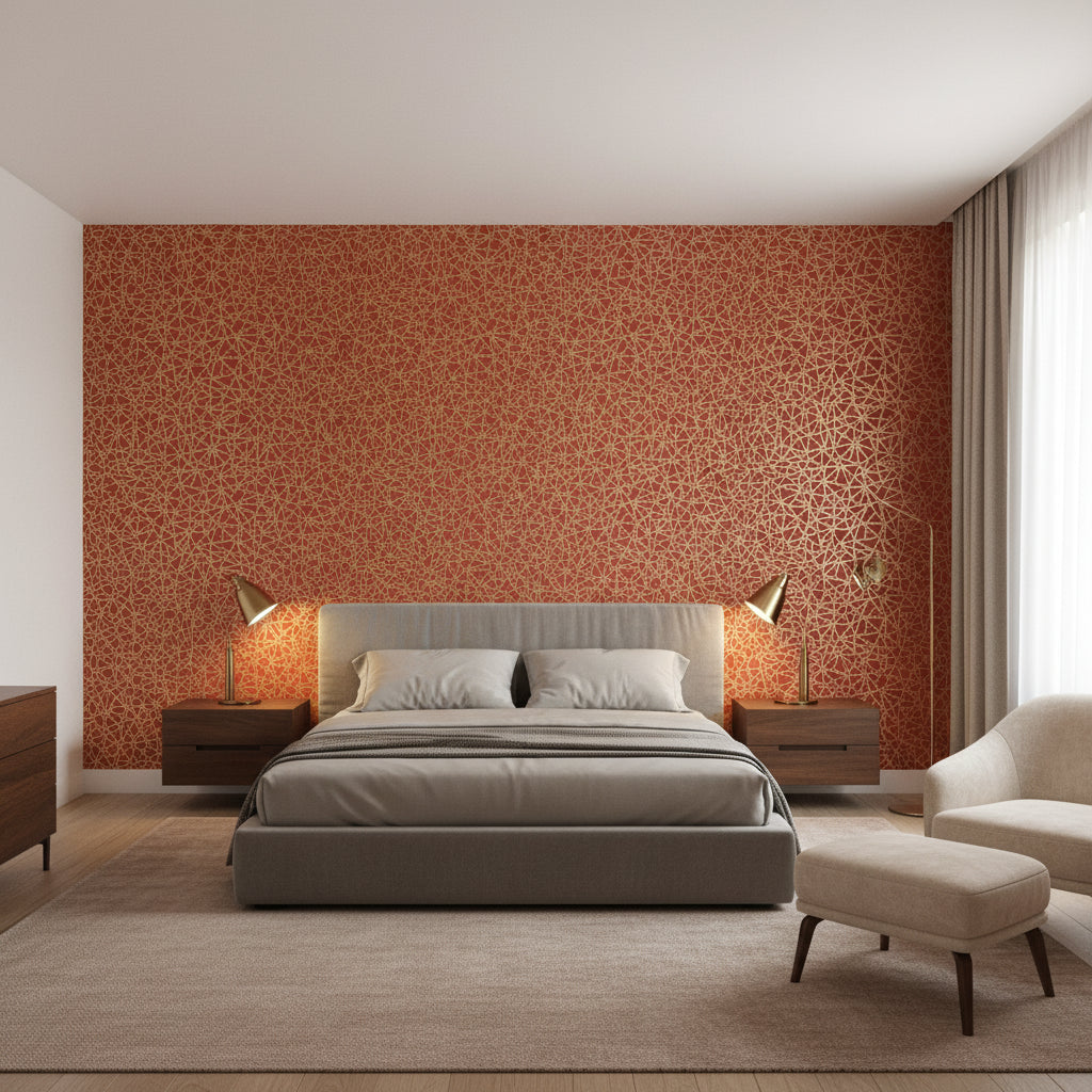 Aedan Raspberry | Thibaut Wallcoverings - Bedroom Visualization (AI-generated, may not be to scale. Verify pattern scale with product specifications.)