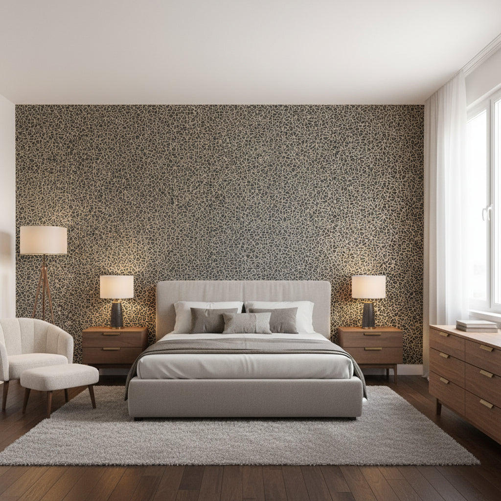 Aedan Navy | Thibaut Wallcoverings - Bedroom Visualization (AI-generated, may not be to scale. Verify pattern scale with product specifications.)