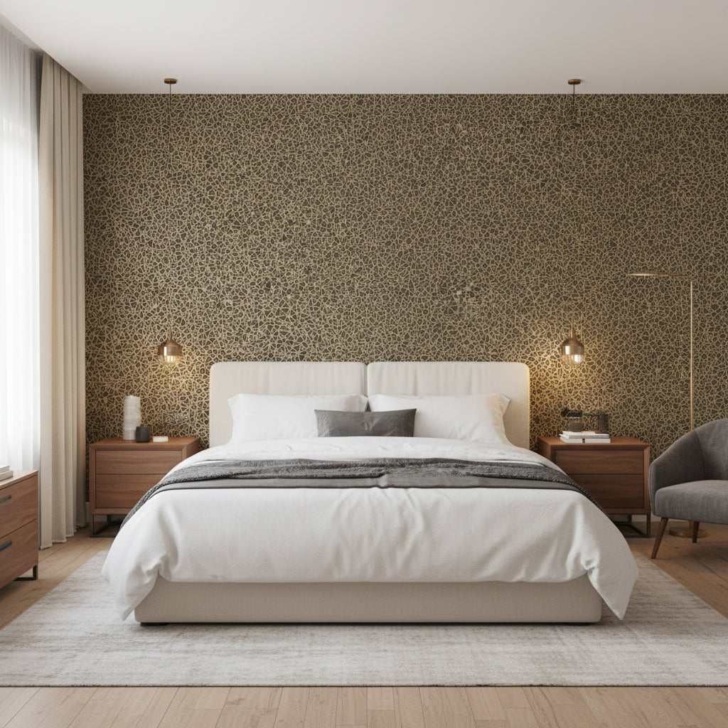 Aedan Black | Thibaut Wallcoverings - Bedroom Visualization (AI-generated, may not be to scale. Verify pattern scale with product specifications.)