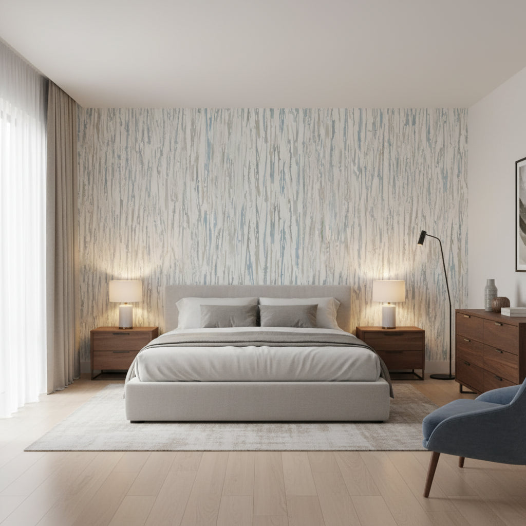 Aurora Soft Blue and Grey | Thibaut Wallcoverings - Bedroom Visualization (AI-generated, may not be to scale. Verify pattern scale with product specifications.)