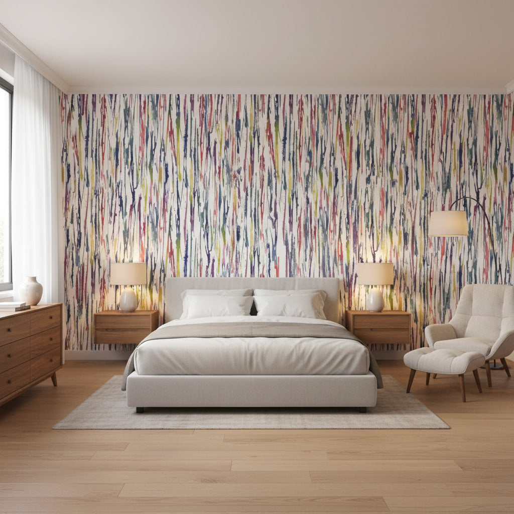Aurora Multi | Thibaut Wallcoverings - Bedroom Visualization (AI-generated, may not be to scale. Verify pattern scale with product specifications.)