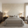 Crystalla Beige | Thibaut Wallcoverings - Bedroom Visualization (AI-generated, may not be to scale. Verify pattern scale with product specifications.)