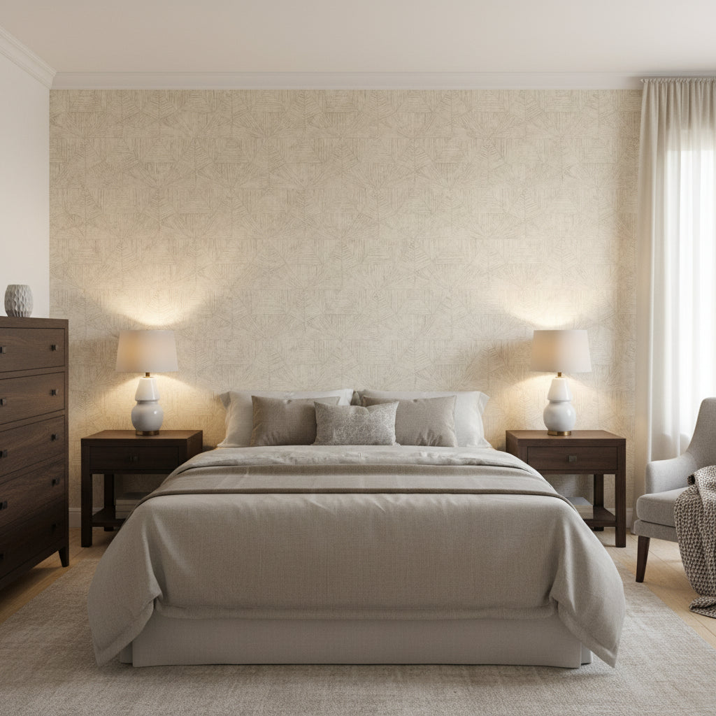 Crystalla Beige | Thibaut Wallcoverings - Bedroom Visualization (AI-generated, may not be to scale. Verify pattern scale with product specifications.)