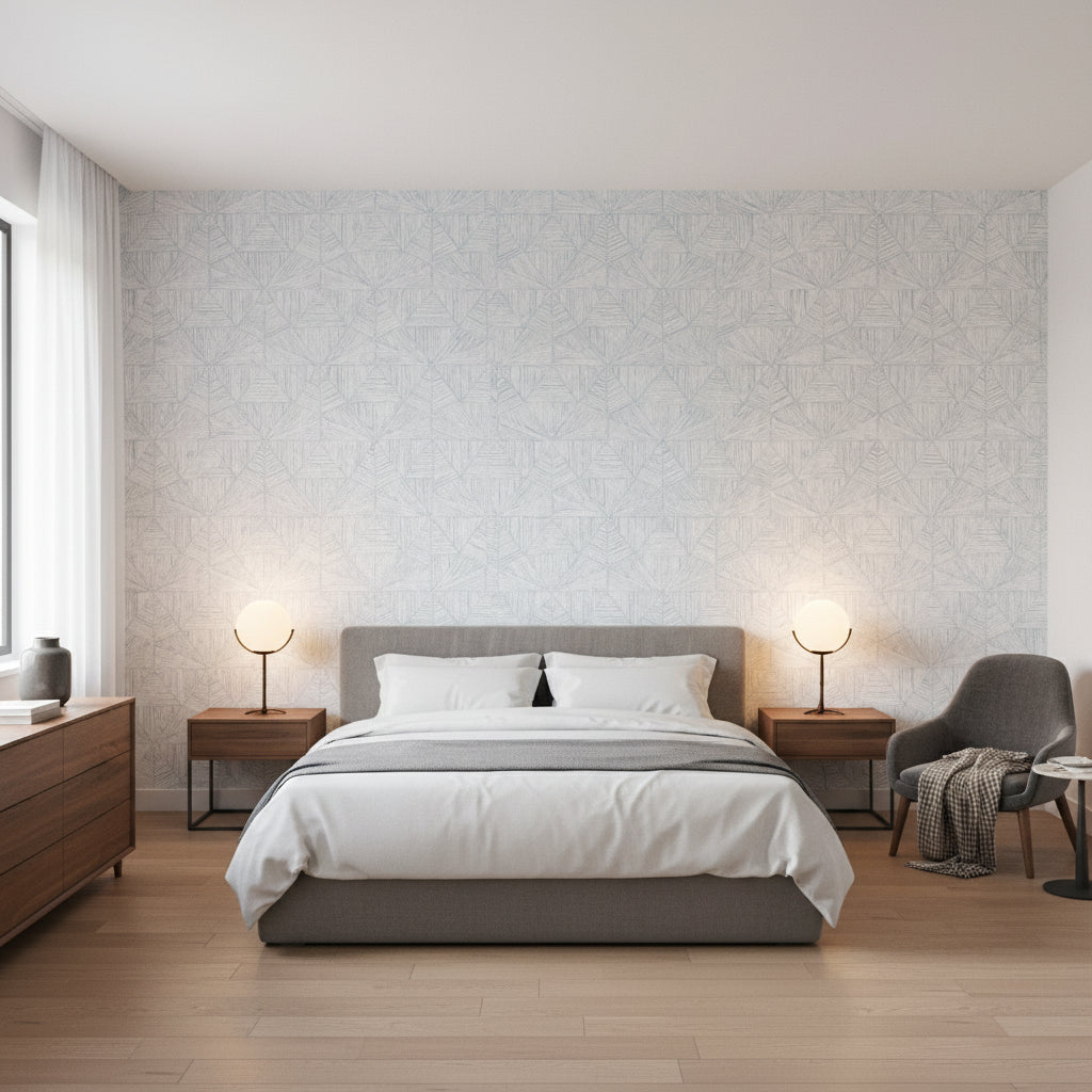 Crystalla Soft Blue | Thibaut Wallcoverings - Bedroom Visualization (AI-generated, may not be to scale. Verify pattern scale with product specifications.)
