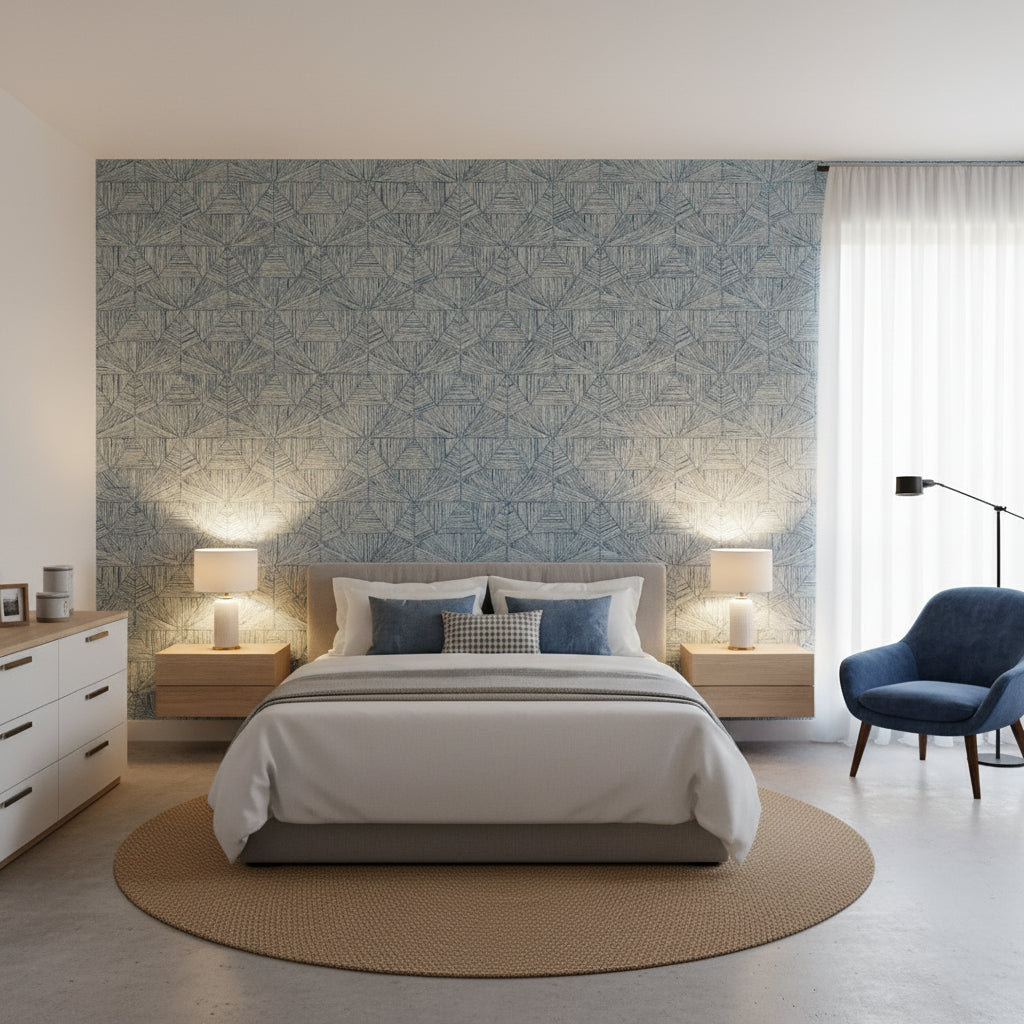 Crystalla Metallic Silver on Mineral | Thibaut Wallcoverings - Bedroom Visualization (AI-generated, may not be to scale. Verify pattern scale with product specifications.)