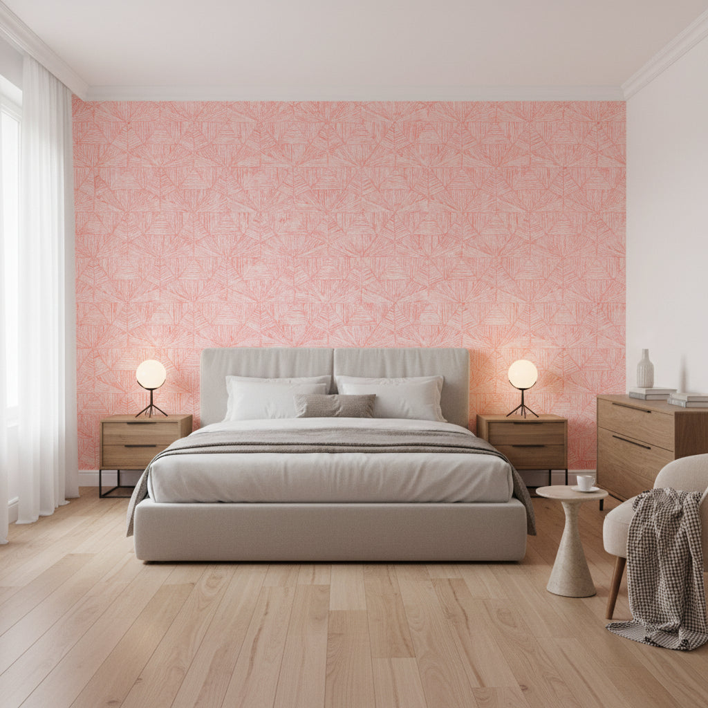 Crystalla Pink | Thibaut Wallcoverings - Bedroom Visualization (AI-generated, may not be to scale. Verify pattern scale with product specifications.)