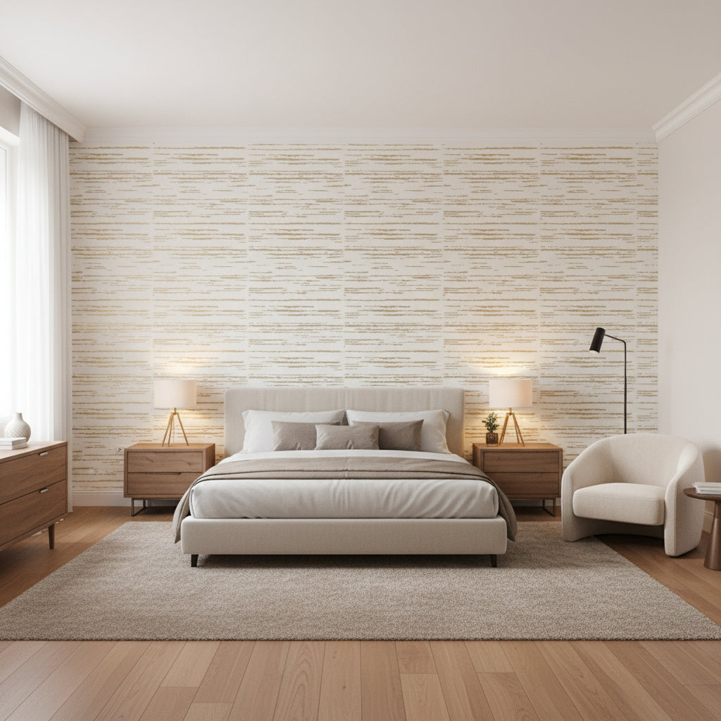 Echo Metallic Gold on White | Thibaut Wallcoverings - Bedroom Visualization (AI-generated, may not be to scale. Verify pattern scale with product specifications.)