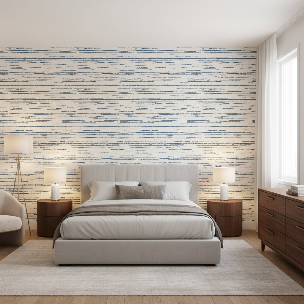 Echo Blue on White | Thibaut Wallcoverings - Bedroom Visualization (AI-generated, may not be to scale. Verify pattern scale with product specifications.)