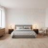 Jordan Metallic Silver on Soft Blue | Thibaut Wallcoverings - Bedroom Visualization (AI-generated, may not be to scale. Verify pattern scale with product specifications.)