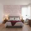 Jordan Magenta on White | Thibaut Wallcoverings - Bedroom Visualization (AI-generated, may not be to scale. Verify pattern scale with product specifications.)