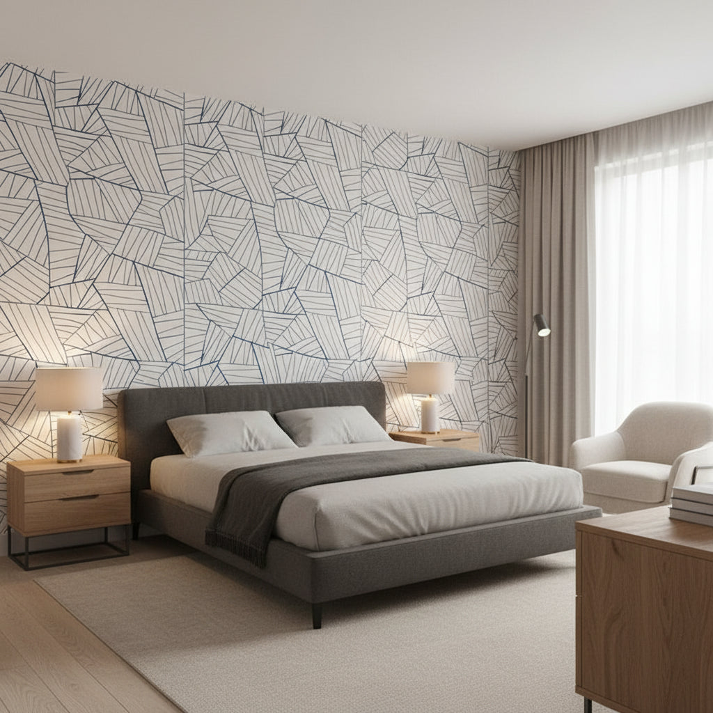 Jordan Navy on White | Thibaut Wallcoverings - Bedroom Visualization (AI-generated, may not be to scale. Verify pattern scale with product specifications.)