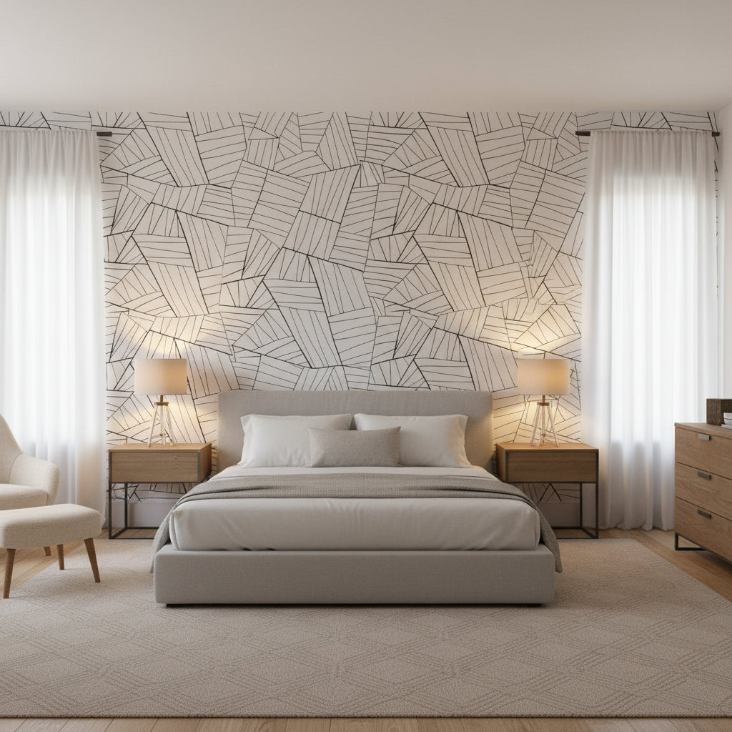Jordan Black on White | Thibaut Wallcoverings - Bedroom Visualization (AI-generated, may not be to scale. Verify pattern scale with product specifications.)