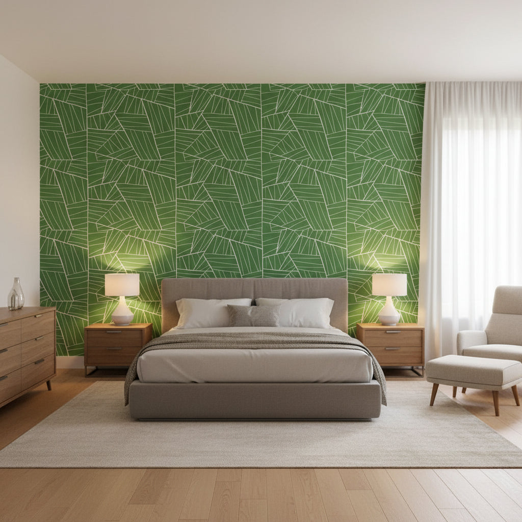 Jordan Emerald | Thibaut Wallcoverings - Bedroom Visualization (AI-generated, may not be to scale. Verify pattern scale with product specifications.)