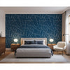 Jordan Navy | Thibaut Wallcoverings - Bedroom Visualization (AI-generated, may not be to scale. Verify pattern scale with product specifications.)