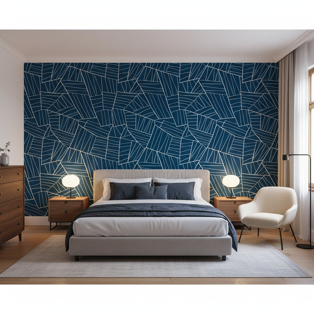 Jordan Navy | Thibaut Wallcoverings - Bedroom Visualization (AI-generated, may not be to scale. Verify pattern scale with product specifications.)
