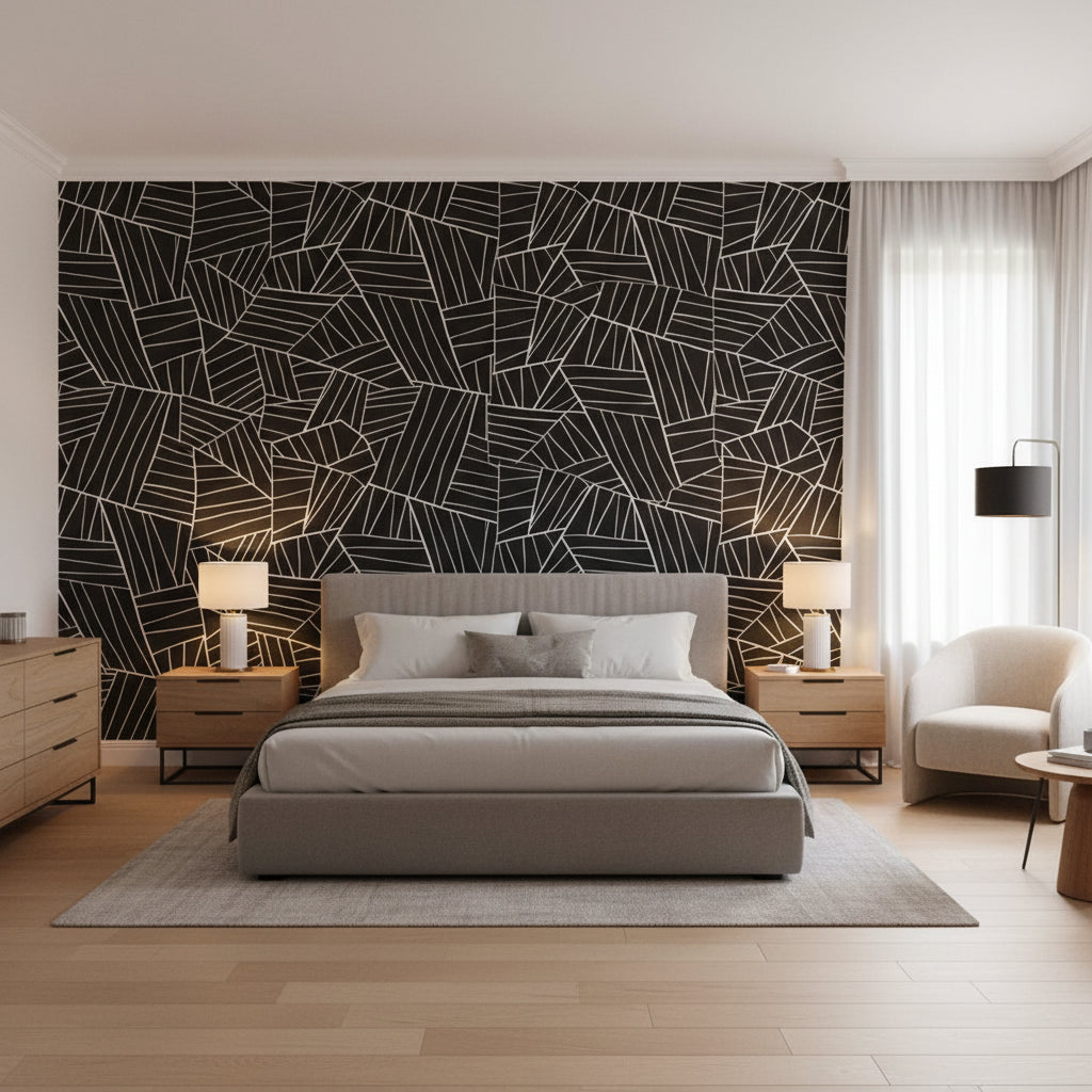 Jordan Black | Thibaut Wallcoverings - Bedroom Visualization (AI-generated, may not be to scale. Verify pattern scale with product specifications.)