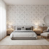 Mamora Trellis Cork White on Silver | Thibaut Wallcoverings - Bedroom Visualization (AI-generated, may not be to scale. Verify pattern scale with product specifications.)