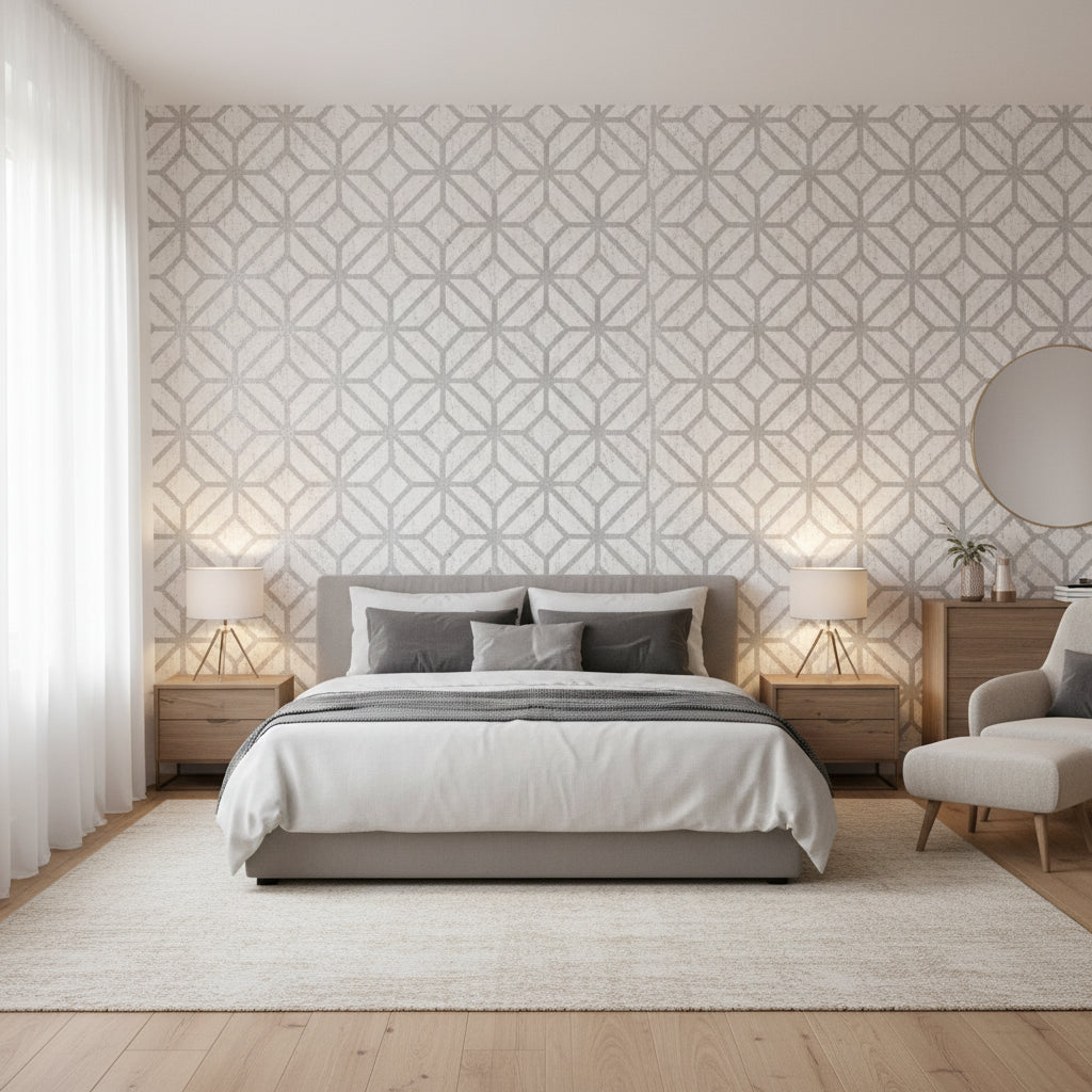 Mamora Trellis Cork White on Silver | Thibaut Wallcoverings - Bedroom Visualization (AI-generated, may not be to scale. Verify pattern scale with product specifications.)