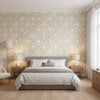Mamora Trellis Cork Beige on White | Thibaut Wallcoverings - Bedroom Visualization (AI-generated, may not be to scale. Verify pattern scale with product specifications.)
