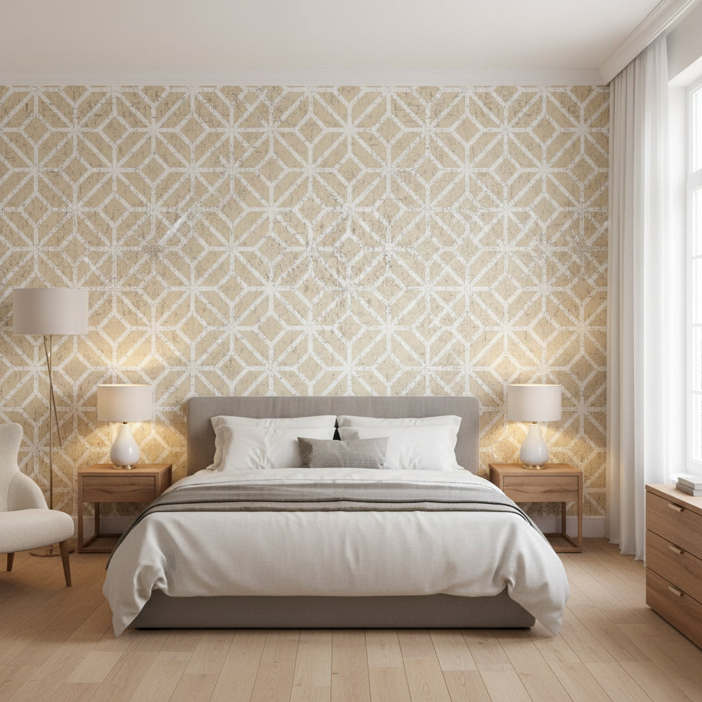 Mamora Trellis Cork Beige on White | Thibaut Wallcoverings - Bedroom Visualization (AI-generated, may not be to scale. Verify pattern scale with product specifications.)