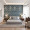 Mamora Trellis Cork Mineral on Metallic Pewter | Thibaut Wallcoverings - Bedroom Visualization (AI-generated, may not be to scale. Verify pattern scale with product specifications.)